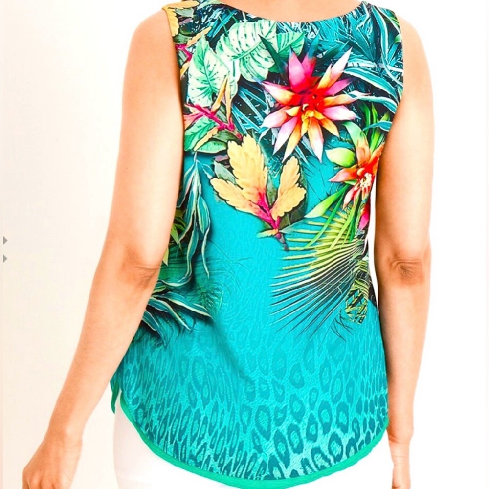 New! Chicos Reversible Rainforest Tropical Jade Layered Sleeveless Blouse - Picture 3 of 15